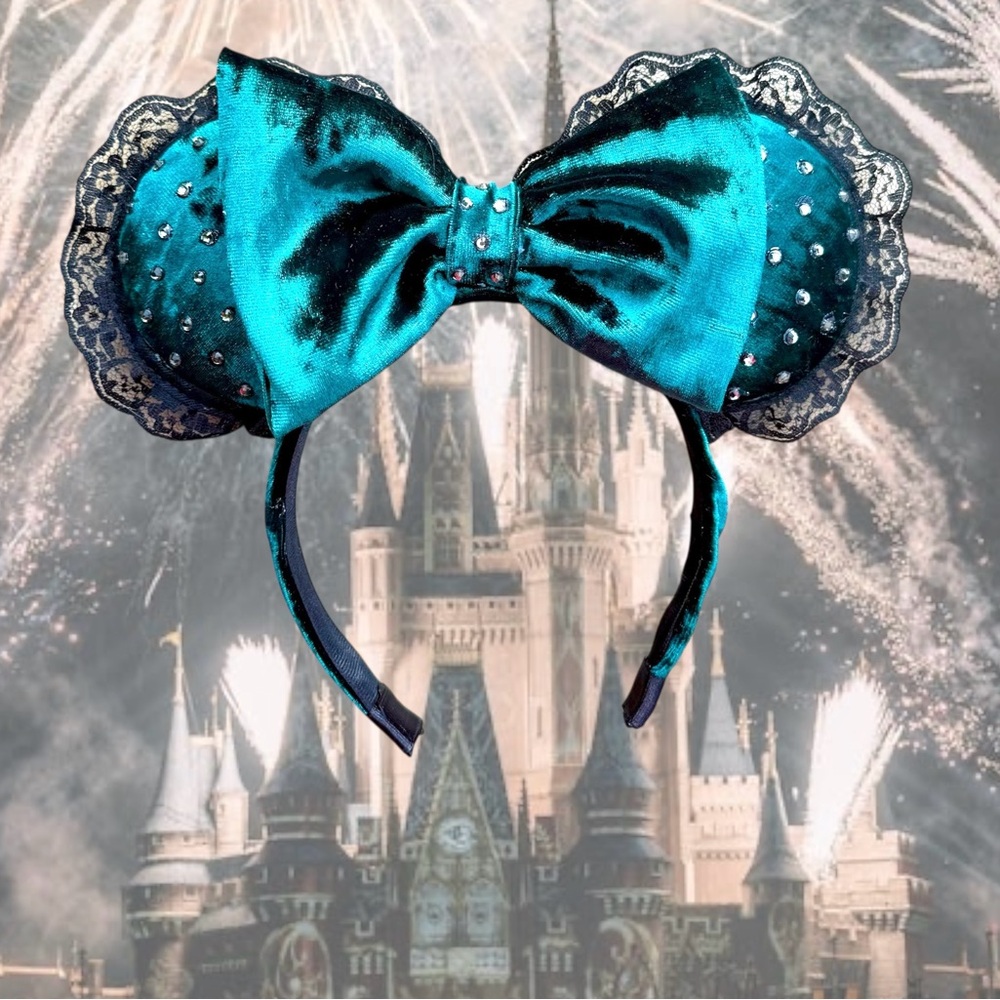 Custom made mouse ears. Green velvet with rhinestones.